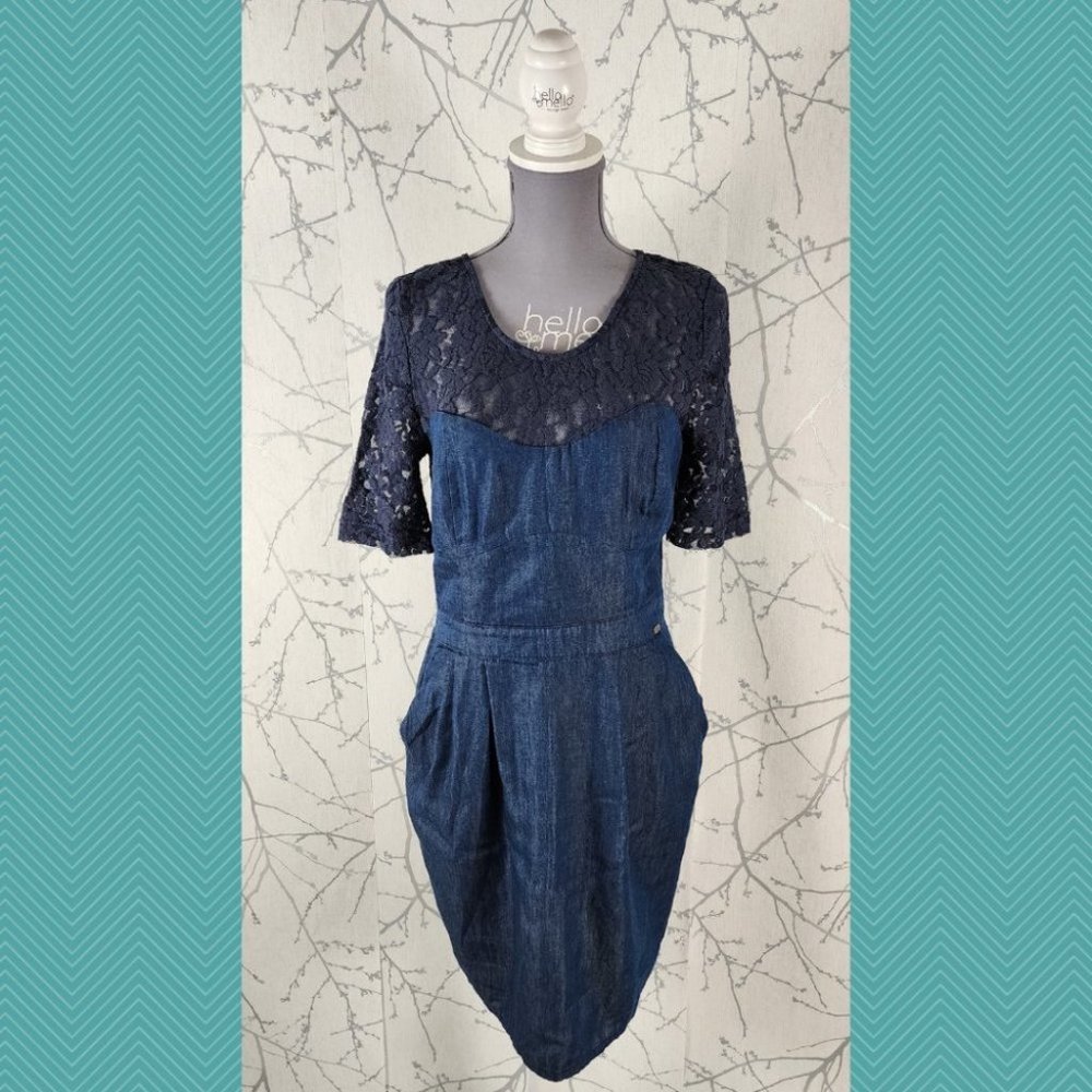 Kaporal NWT Dark Wash Denim & Lace Pencil Bustier Sheath Dress